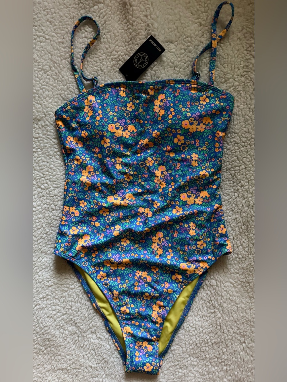 RELLECIGA Yellow Lined Swimsuit with Blue Floral Trim